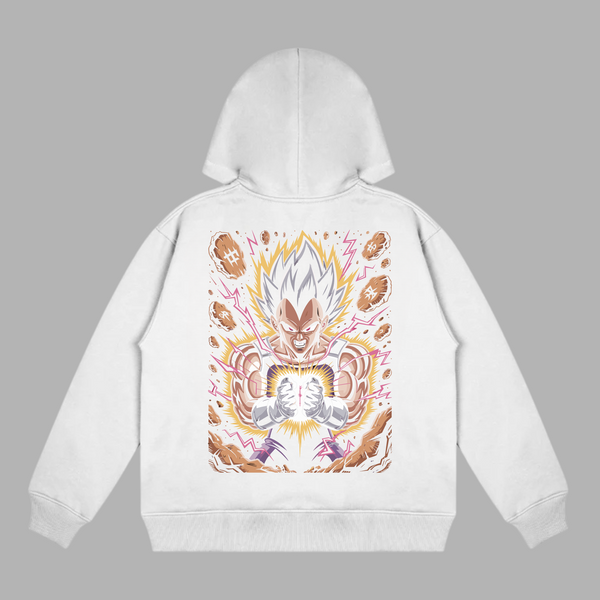Sweat Vegeta Explosion d’Énergie, version blanche avec illustration de Vegeta libérant son aura de puissance, univers Dragon Ball