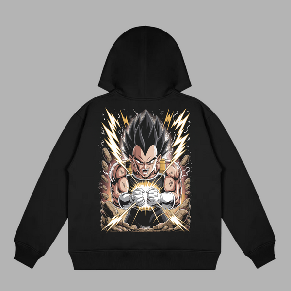 Sweat Vegeta Explosion d’Énergie noir dos, Vegeta concentrant son énergie avec éclairs dorés Dragon Ball