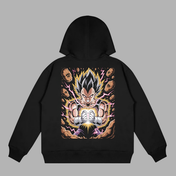 Sweat Vegeta Explosion d’Énergie, version noire avec illustration de Vegeta libérant son aura de puissance, univers Dragon Ball