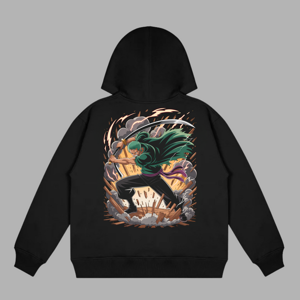 Sweat Zoro noir avec design explosif de Zoro en pleine attaque entouré de débris et d’énergie