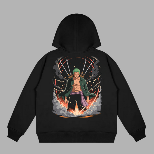 Sweat One Piece Zoro noir avec illustration des lames en aura destructrice