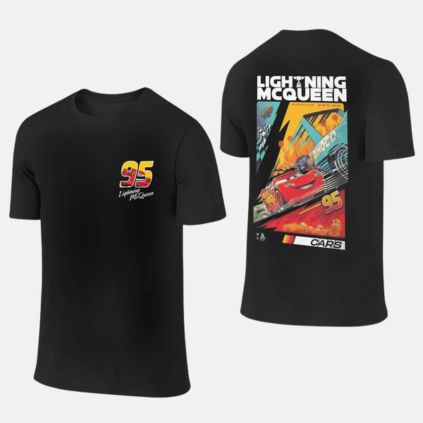 T-shirt noir pour homme avec un grand design vintage de Flash McQueen, numéro 95, et l'inscription "Lightning".