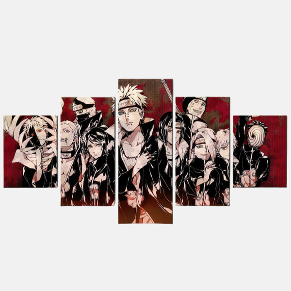 Tableau 5 pièces de l'équipe de l'Akatsuki au complet, avec Pain, Konan, Itachi Uchiha, Kisame, Sasori, Deidara, Hidan et Kakuzu.