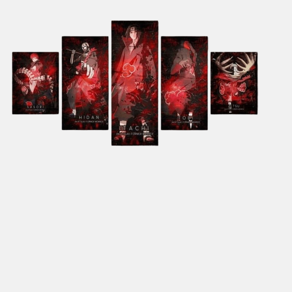 Tableau 5 pièces de l'Akatsuki avec les membres Sasori, Hidan, Itachi Uchiha, Tobi et Zetsu sur un fond rouge sang avec des nuages noirs.