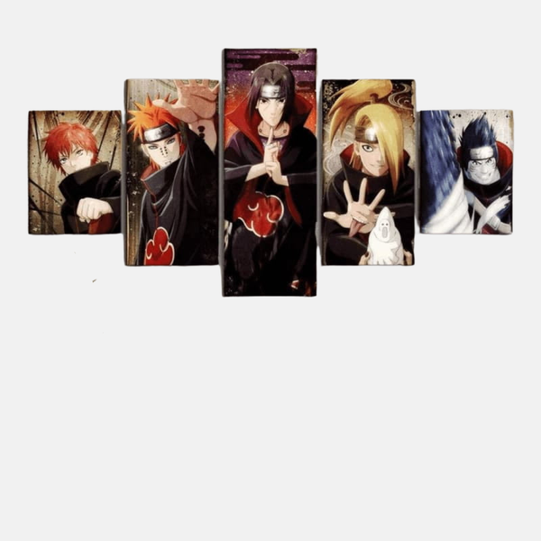 Tableau 5 pièces des membres de l'Akatsuki avec Pain au centre, entouré par Itachi Uchiha, Kisame Hoshigaki, Deidara et Sasori.