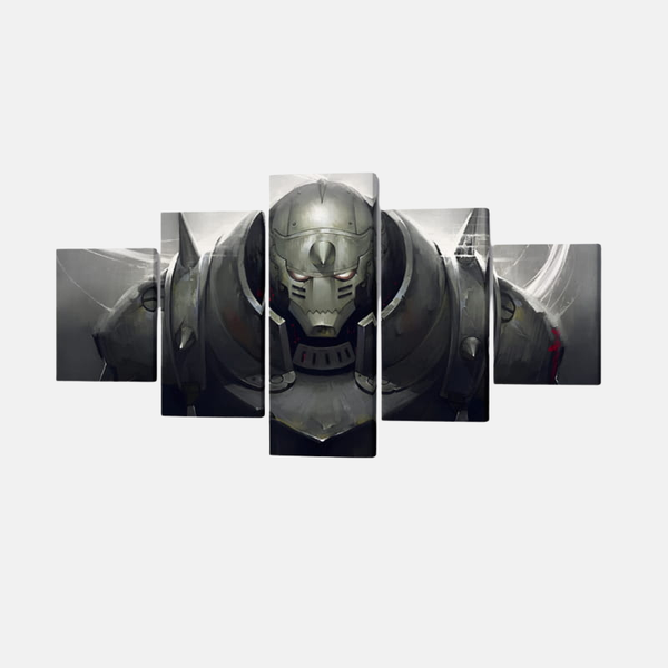 Tableau 5 pièces de l'armure d'Alphonse Elric, debout dans une posture imposante, avec ses yeux rouges qui brillent dans son casque.