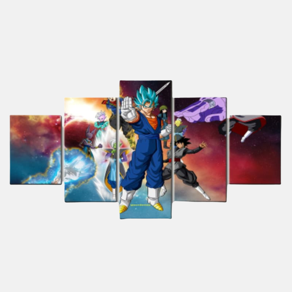 Tableau 5 pièces de l'arc Zamasu de Dragon Ball Super, avec Goku Black Rosé, Zamasu fusionné, Vegito Blue et Trunks du Futur.