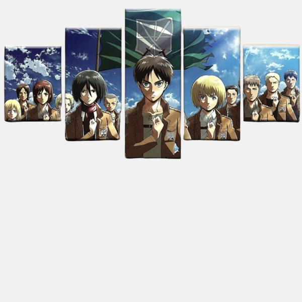 Tableau 5 pièces du Bataillon d'Exploration, avec le Commandant Erwin Smith, le Caporal-Chef Livaï Ackerman, Hange Zoë et d'autres membres.