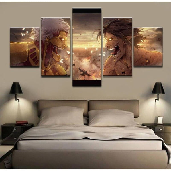 Tableau du duel des titans Eren et Reiner accroché dans un salon, montrant son échelle spectaculaire et ses couleurs chaudes.