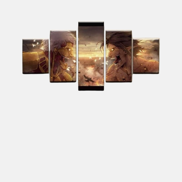 Tableau 5 pièces panoramique du combat entre le Titan Assaillant et le Titan Cuirassé dans un paysage dévasté sous un ciel orangé.