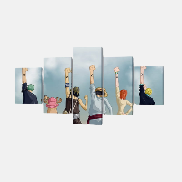 Tableau 5 pièces des silhouettes de l'équipage du Chapeau de Paille (Mugiwara), incluant Luffy, Zoro, Sanji, Nami et les autres, sur un fond clair.