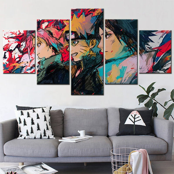 Tableau panoramique de la triple invocation de l'Équipe 7 accroché dans un salon, montrant son style de bataille épique.