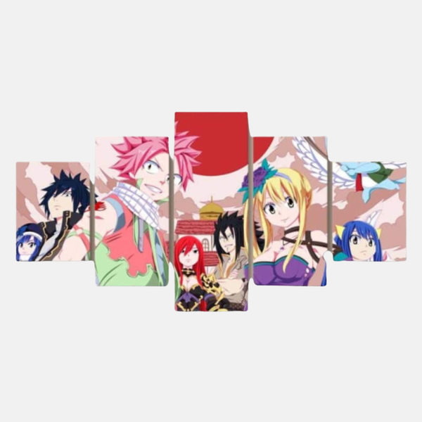 Tableau 5 pièces de l'équipe principale de Fairy Tail avec Natsu Dragnir, Lucy Heartfilia, Erza Scarlet, Gray Fullbuster et Happy.