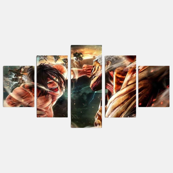 Tableau 5 pièces du combat entre le Titan Assaillant d'Eren Jäger et le Titan Cuirassé de Reiner Braun au pied d'un mur, en pleine action.