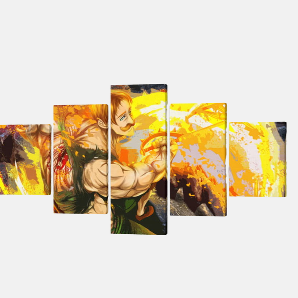 Tableau 5 pièces d'Escanor dans sa forme musclée diurne, brandissant sa Hache Divine Rhitta et entouré d'une aura solaire.