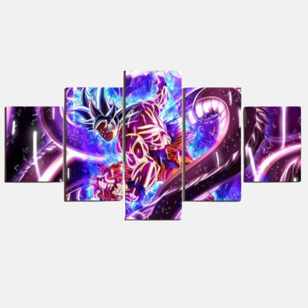 Tableau 5 pièces de Son Goku dans sa forme Ultra Instinct -Presage-, avec ses cheveux noirs, ses yeux argentés et une aura bleue et violette.