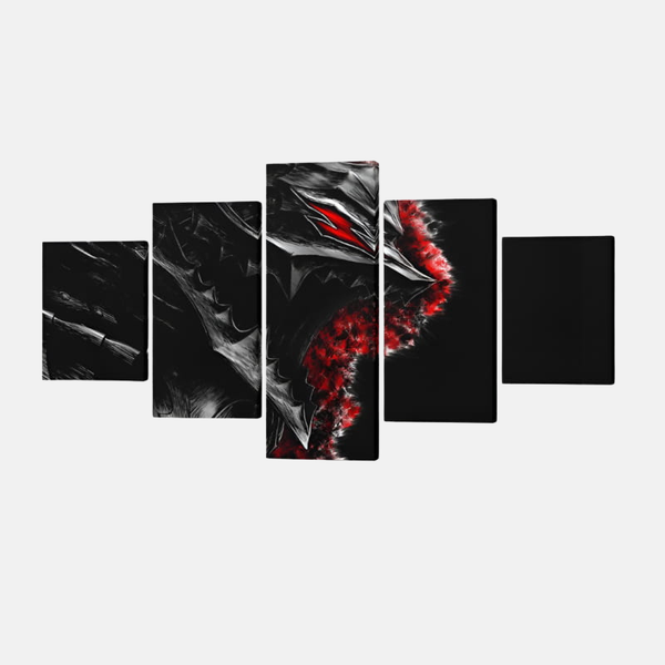 Tableau 5 pièces de Guts portant l'Armure du Berserker, brandissant son épée Dragonslayer, sur un fond noir et rouge sang.