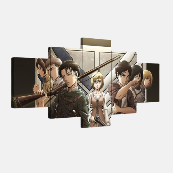 Tableau 5 pièces de la reine Historia Reiss entourée de ses amis de la 104ème brigade d'entraînement, comme Eren, Mikasa et Armin.