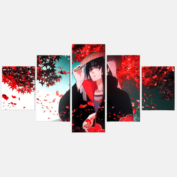 Tableau 5 pièces du portrait d'Itachi Uchiha dans sa tenue de l'Akatsuki, sur un fond blanc avec des éclats rouges.