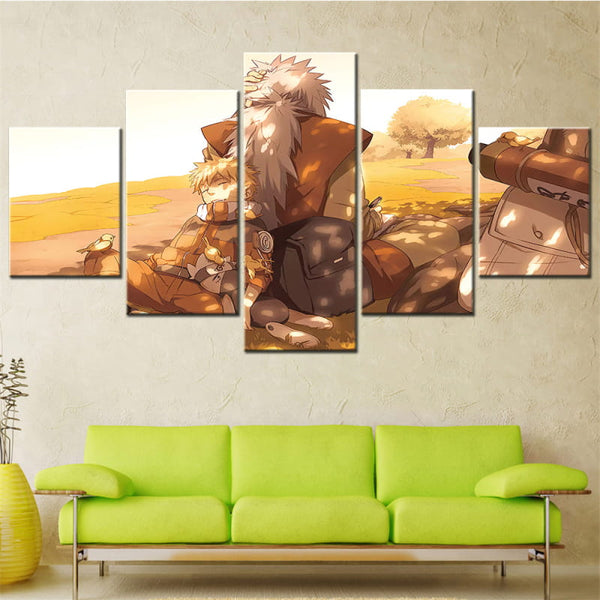 Image comparative présentant les différentes tailles disponibles pour le tableau de Naruto et Jiraya : Small, Medium, Large et X-Large.