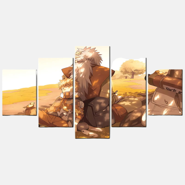 Tableau 5 pièces de Jiraya et Naruto marchant ensemble sur une route, sous un ciel de coucher de soleil.
