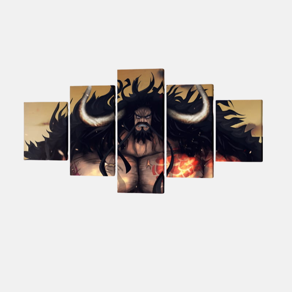 Tableau 5 pièces montrant le dos de Kaido, torse nu, révélant son grand tatouage d'écailles de dragon azur.