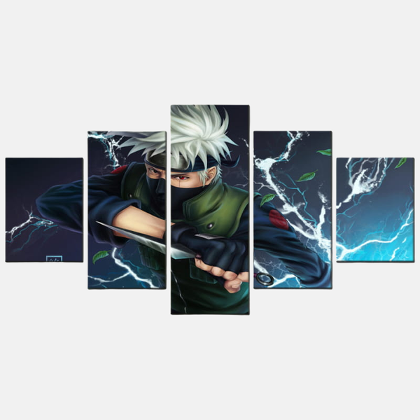 Tableau 5 pièces de Kakashi Hatake en tant que 6ème Hokage, déchaînant sa technique Raiton, l'Éclair Violet (Shiden), de sa main.