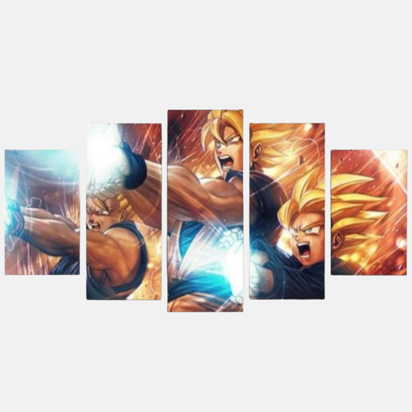 Tableau 5 pièces du Kamehameha Père-Fils, avec Gohan et Goten au premier plan et l'esprit de Son Goku derrière eux, déchaînant une vague d'énergie bleue.