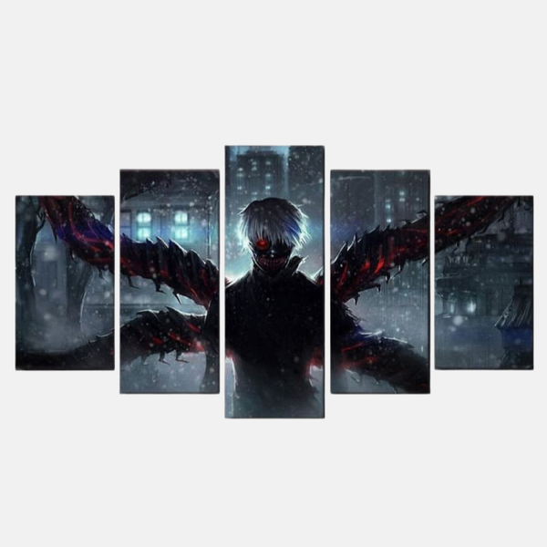 Tableau 5 pièces de Ken Kaneki de dos sous la pluie, dans une rue sombre, mettant en avant son cache-œil et son kagune naissant.