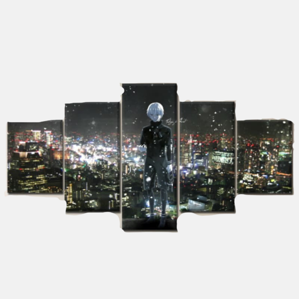 Tableau 5 pièces de Ken Kaneki avec ses cheveux blancs ("Shironeki"), surplombant la ville de Tokyo de nuit, sous la pleine lune.