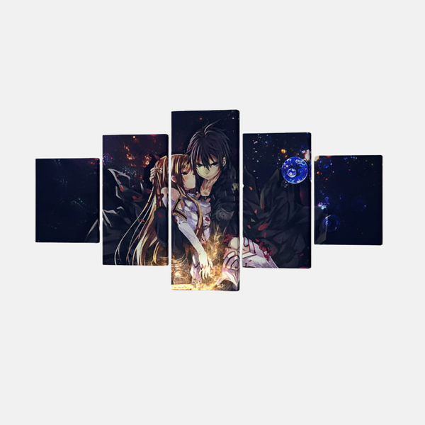 Tableau 5 pièces de Kirito, avec ses deux épées, et Asuna, avec sa rapière, en posture de combat dans le monde de l'Aincrad (Sword Art Online).