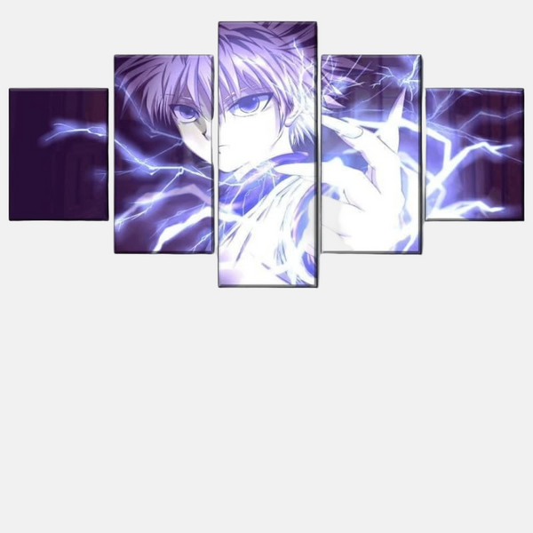 Tableau 5 pièces de Kirua Zoldik en pleine action, sautant en l'air avec ses mains chargées d'électricité bleue et violette (Kanmuru).