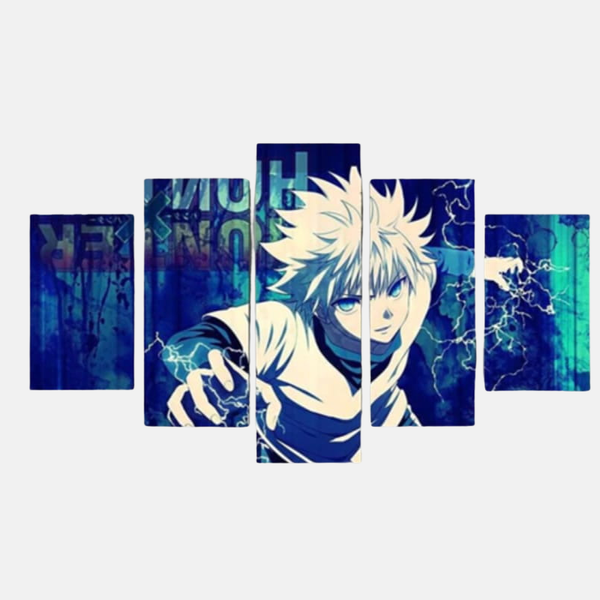 Tableau 5 pièces de Kirua Zoldik utilisant sa technique Godspeed (Vitesse Divine), entouré d'une aura d'électricité bleue intense.