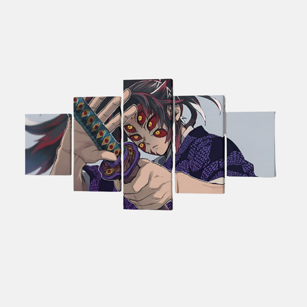 Tableau 5 pièces du portrait de Kokushibo, la Première Lune Supérieure, montrant ses six yeux et sa marque de pourfendeur.