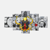 Tableau 5 pièces de Koro Sensei avec son grand sourire jaune, entouré de ses élèves de la classe 3-E en posture d'assassinat.