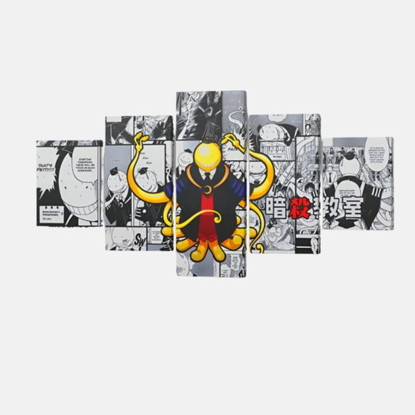 Tableau 5 pièces de Koro Sensei avec son grand sourire jaune, entouré de ses élèves de la classe 3-E en posture d'assassinat.