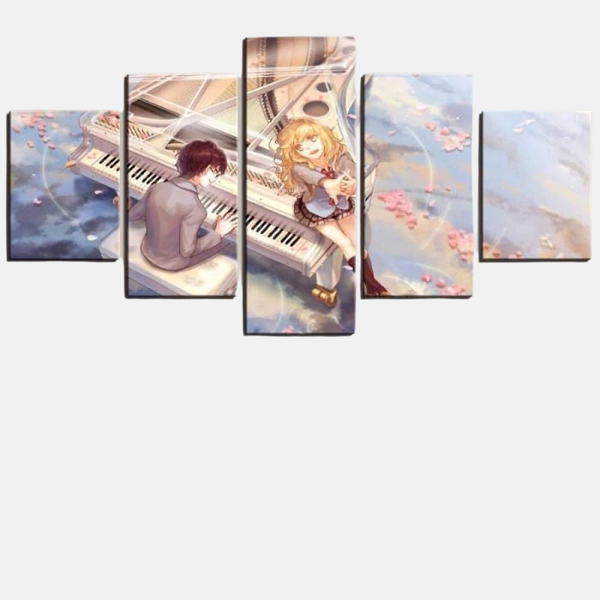 Tableau 5 pièces de Kōsei Arima au piano et Kaori Miyazono au violon, dans une scène poétique avec un ciel pastel et des pétales de cerisier.