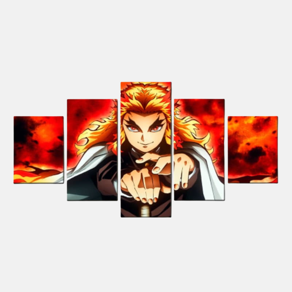 Tableau 5 pièces de Kyojuro Rengoku, le Pilier de la Flamme, en posture de combat avec son katana, entouré de flammes ardentes.