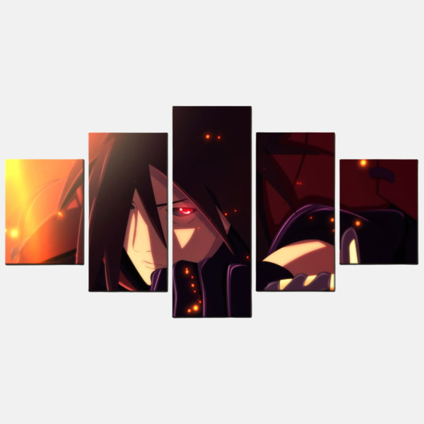 Tableau 5 pièces de Madara Uchiha dans son armure de combat, avec ses longs cheveux noirs, son Gunbai (éventail de guerre) et son Rinnegan activé.