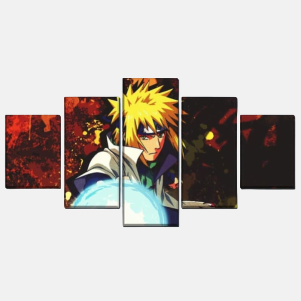 Tableau 5 pièces de Minato Namikaze, le Quatrième Hokage, dans sa cape blanche et en posture de combat avec un kunaï Hiraishin.
