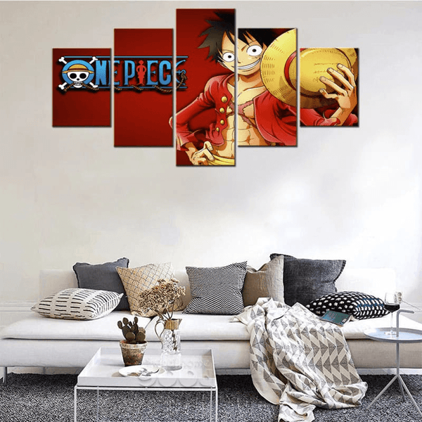 Tableau panoramique de Luffy accroché dans un salon, montrant son style charismatique et sa présence de leader.
