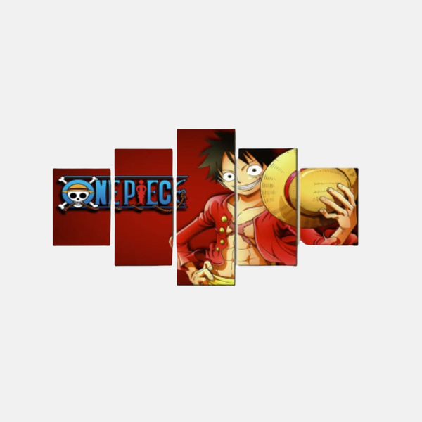 Tableau 5 pièces du portrait de Monkey D. Luffy, avec son chapeau de paille, sa cicatrice et un regard déterminé, sur un fond rouge et artistique.