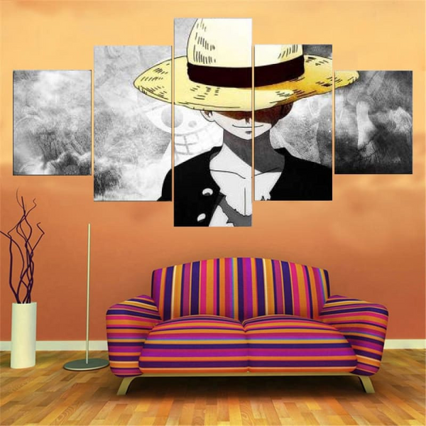Tableau panoramique de la silhouette de Luffy accroché dans un salon moderne, montrant son style artistique et minimaliste.