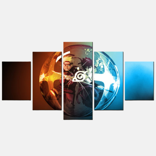 Tableau 5 pièces de la confrontation entre Naruto en Mode Ermite (gauche) et Sasuke Uchiha déchaînant sa technique Kirin (droite).