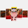 Tableau 5 pièces de Naruto Uzumaki en Mode Ermite, portant sa cape rouge et le grand parchemin sur son dos, en posture de combat.