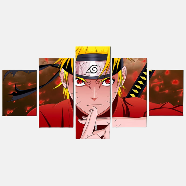 Tableau 5 pièces de Naruto Uzumaki en Mode Ermite, portant sa cape rouge et le grand parchemin sur son dos, en posture de combat.