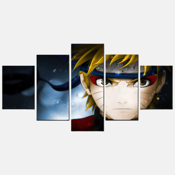 Tableau 5 pièces du portrait en gros plan de Naruto Uzumaki en Mode Ermite, se concentrant sur ses yeux avec la pigmentation orange.