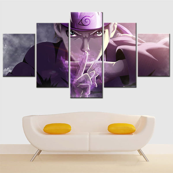 Tableau panoramique de Naruto formant un sceau, accroché dans un salon ou un bureau, créant une ambiance de concentration et de puissance.