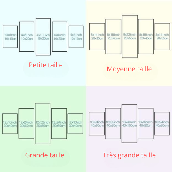 Image comparative présentant les différentes tailles disponibles pour le tableau de Naruto et Sasuke : Small, Medium, Large et X-Large.