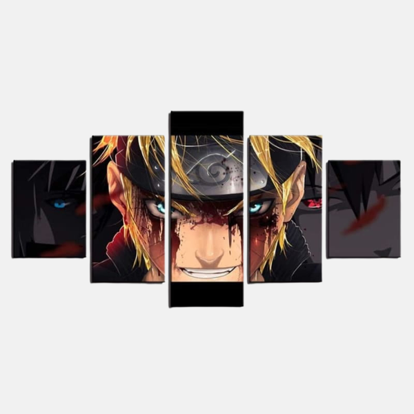 Tableau 5 pièces du portrait de Naruto Uzumaki en Mode Sage des Six Chemins, avec ses pupilles en croix et son aura dorée.